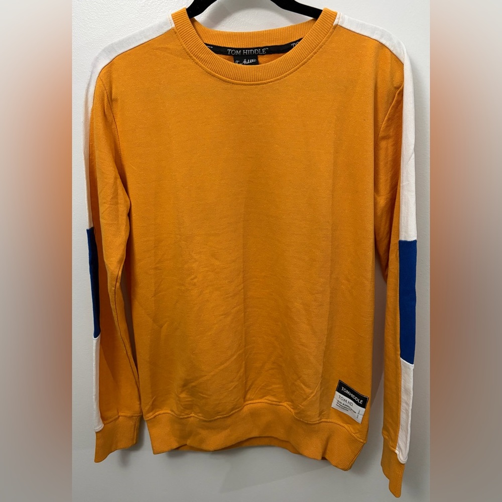 NWT Tom Hiddle Men's Crewneck Sweater - Mustard with White & Blue Accents